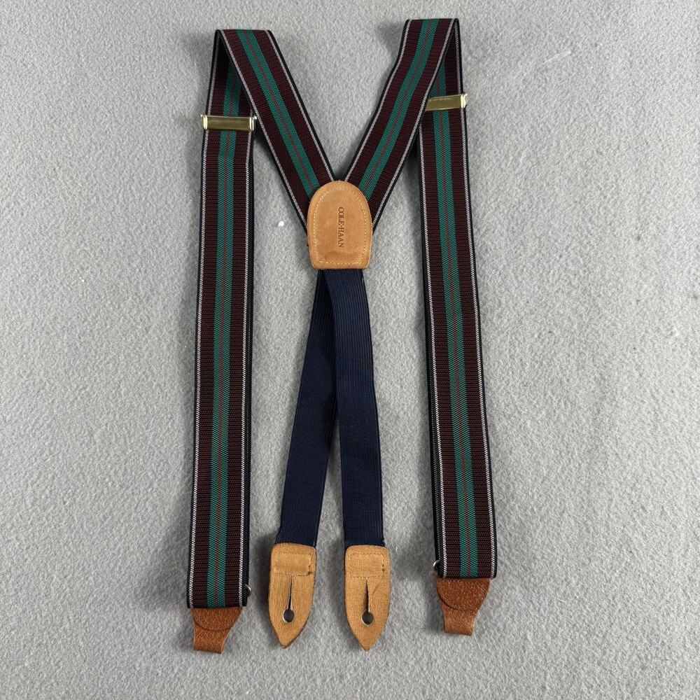 Vintage Cole Haan Suspenders Y Back Striped Leather Button Braces Preppy 90s EUC - Picture 3 of 10